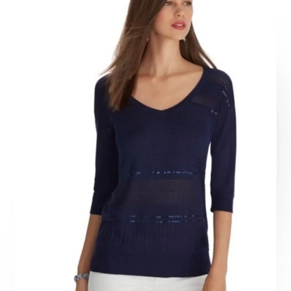 WHBM Women’s XS Navy Blue Open Weave Embellished V-Neck Sweater - Picture 1 of 8